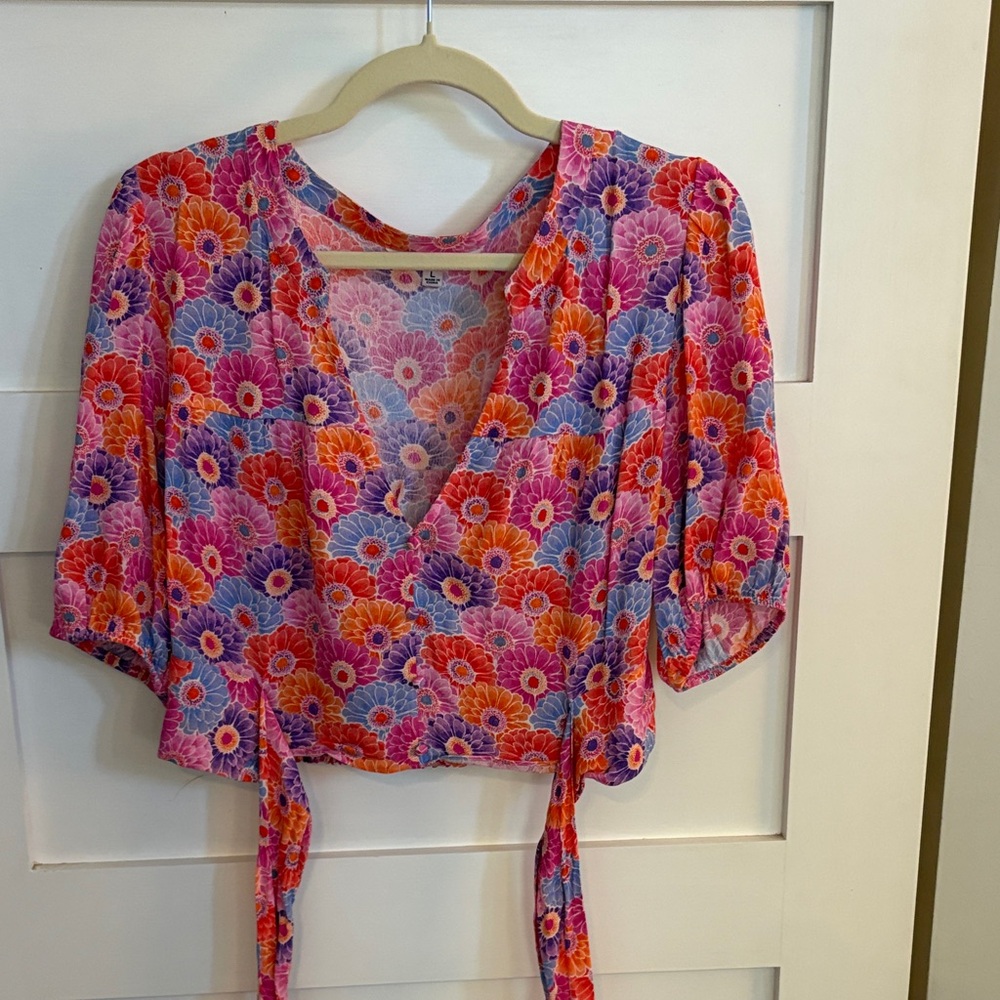 Steve Madden Floral Wrap Blouse - Pink, Orange, and Blue